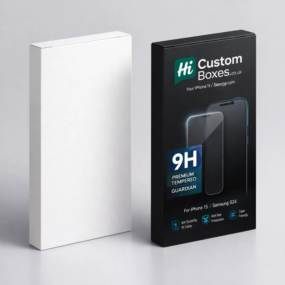A plain white box next to a black custom-printed retail box for iPhone and Samsung protectors. class=